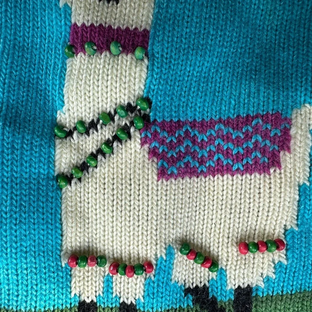 Vintage Hand Knitted Llama‎ Christmas Stocking 21 Inch Beads Accent Green Blue